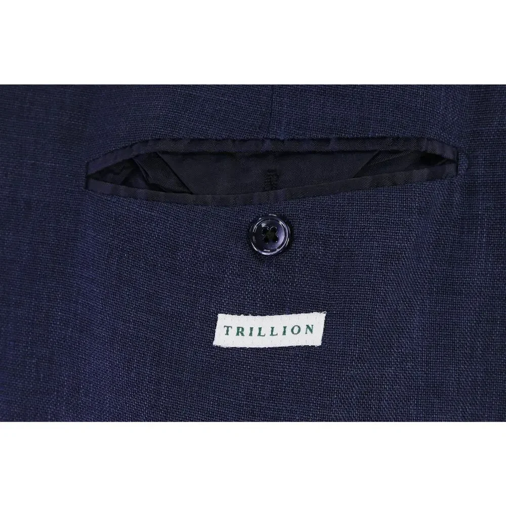 Trillon by Belvest Blue Wool Linen Silk Patch Pocket 3/2 Roll Blazer Jacket 44R